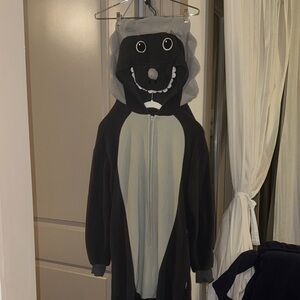 Adult Dinosaur Costume Black & Gray onesie zip up w/ Dino hoodie & tail - Small